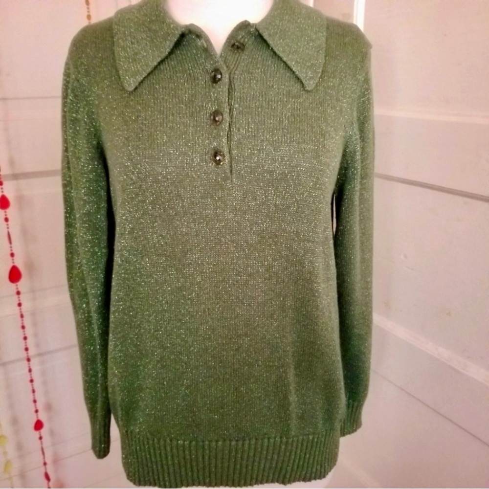 Vintage Maggie Sweet Hunter Green Glitter Collared Sweater Knit Size M *SALE*